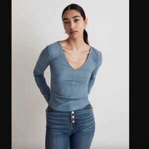 Madewell Tranquil Lake Blue Semi-Sheer Shirred V-Neck Top S